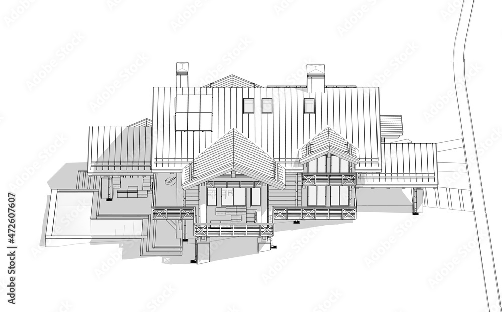 3d rendering of modern cozy chalet with pool and parking for sale or rent. Massive timber beams columns. Black line sketch with soft light shadows on white background.