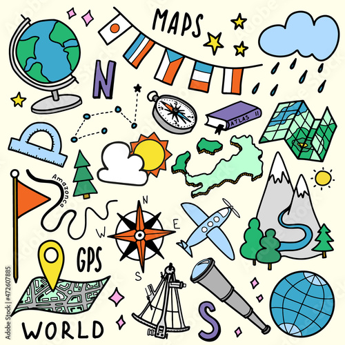 Geography icons set. School subject design. Education drawing in doodle cartoon style. Study, science concept. Back to school background for notebook, sketchbook. Hand drawn vector illustration.