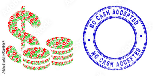 Vector cash icon mosaic is designed of random recursive cash pictograms. No Cash Accepted textured blue round stamp seal. Fractal mosaic of cash icon.