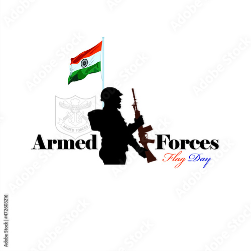 Armed Forces Flag Day of India. Creative Card for Armed Forces Flag Day.  Illustration of Indian Flag and Soldier Holding Gun.