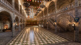 3D rendering of a medieval great hall in a palace or castle.