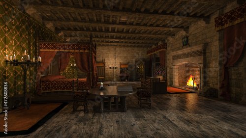 3D rendering of a medieval bedroom with four poster bed at night