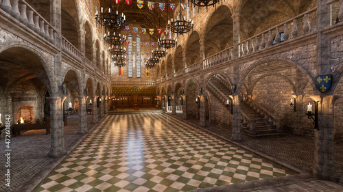 Fototapeta Naklejka Na Ścianę i Meble -  3D rendering of a medieval great hall in a palace or castle.
