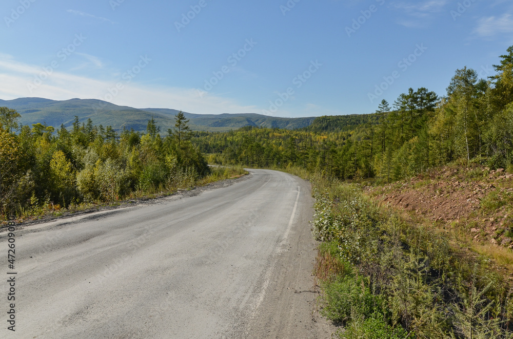 Lidoga - Vanino highway crossing taiga and Sikhote-Alin mountains in Khabarovsky krai, Russia