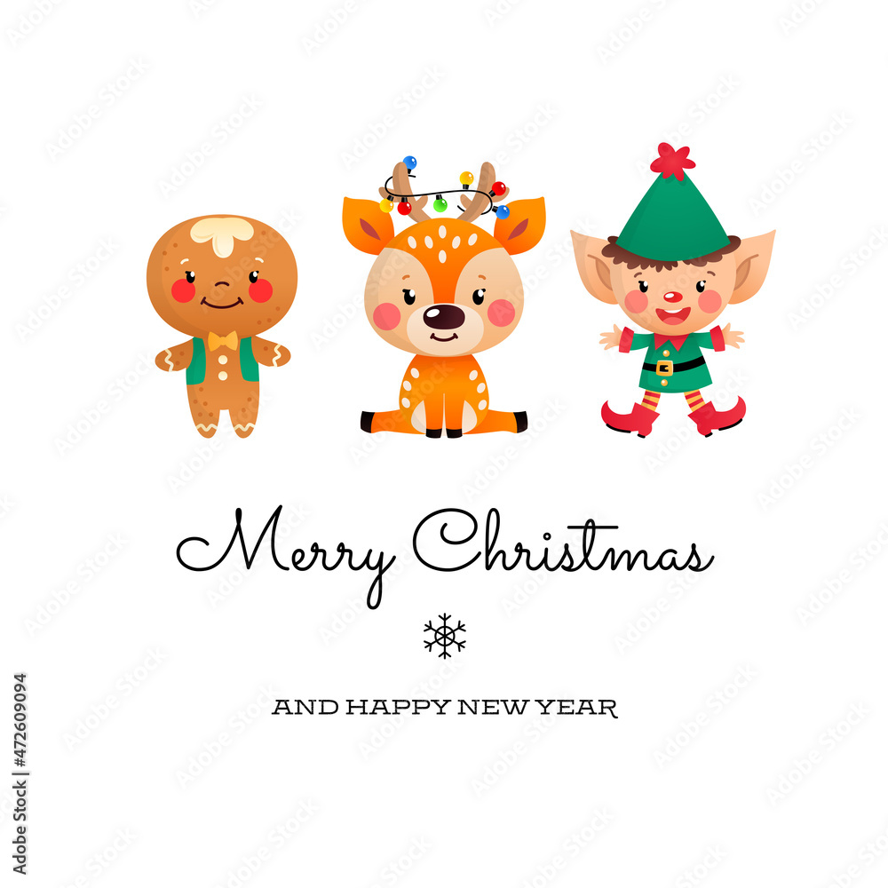 Merry Christmas and Happy New Year greeting card. Cute illustration of a gingerbread man, a deer and an elf isolated on a white background. Vector 10 EPS. Merry Christmas and Happy New Year greeting card. Cute illustration of a gingerbread man, a deer and an elf isolated on a white background. Vector 10 EPS.