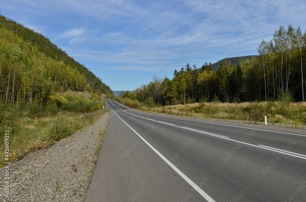 Fototapeta premium Lidoga - Vanino highway crossing taiga and Sikhote-Alin mountains in Khabarovsky krai, Russia