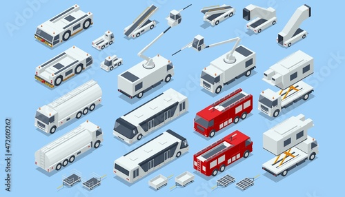 Isometric Service Vehicles, Self-Propelled Ladder,, Aerodrome Tow Tractor, Gasoline, Fire Engine