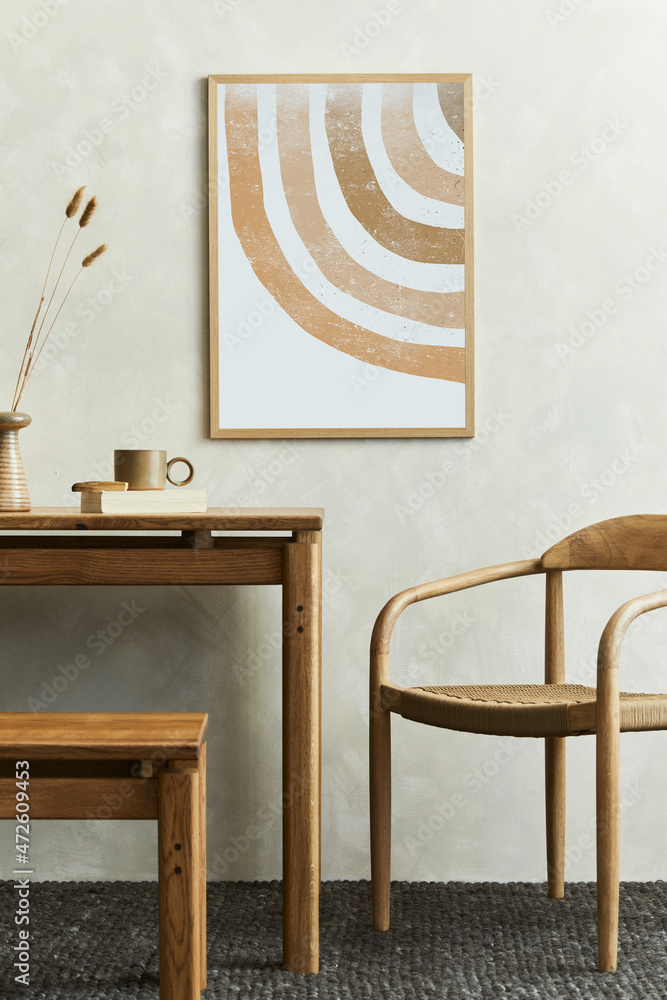 Stylish wabi-sabi dining room interior design with mock up poster frame, wooden  dining table, armchair and bautiful personal accessories. Modern home  decor. Template.. Stock-Foto | Adobe Stock