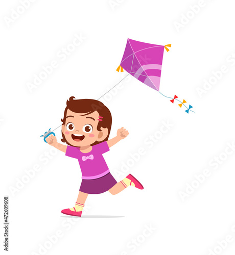 cute little girl play kite outside and feel happy