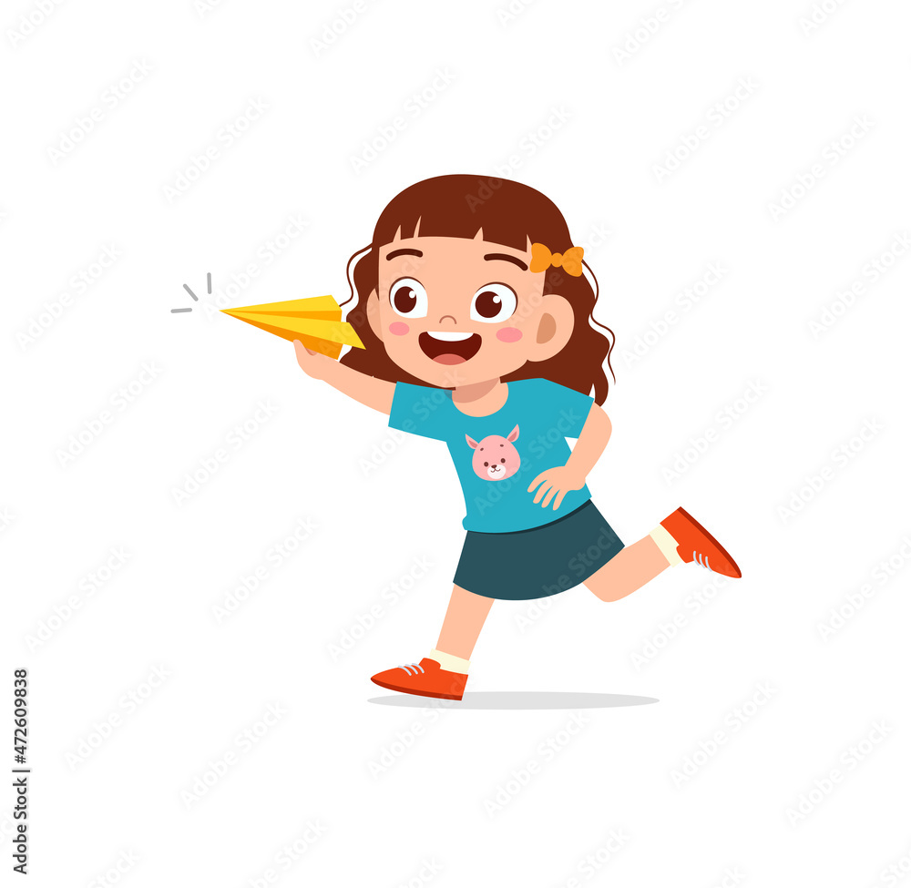 cute little girl play paper plane and feel happy cute little girl play paper plane and feel happy