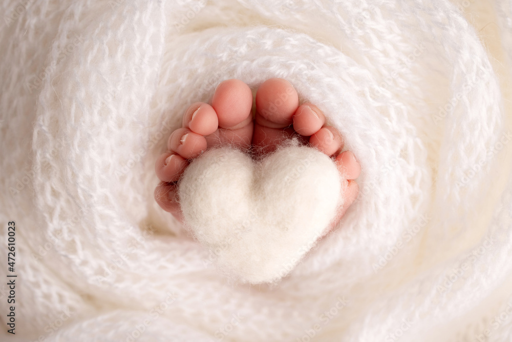 The tiny foot of a newborn baby. Soft feet of a new born in a white wool blanket. Close up of toes, heels and feet of a newborn. Knitted white heart in the legs of a baby. Studio macro photography. The tiny foot of a newborn baby. Soft feet of a new born in a white wool blanket. Close up of toes, heels and feet of a newborn. Knitted white heart in the legs of a baby. Studio macro photography.