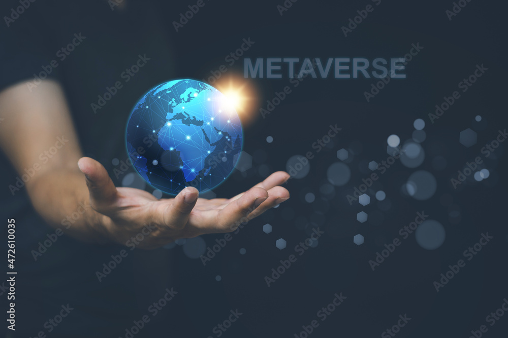 Man show world map for communicate, connection, Metaverse Technology, worldwide, network, internet concept. Man show world map for communicate, connection, Metaverse Technology, worldwide, network, internet concept.