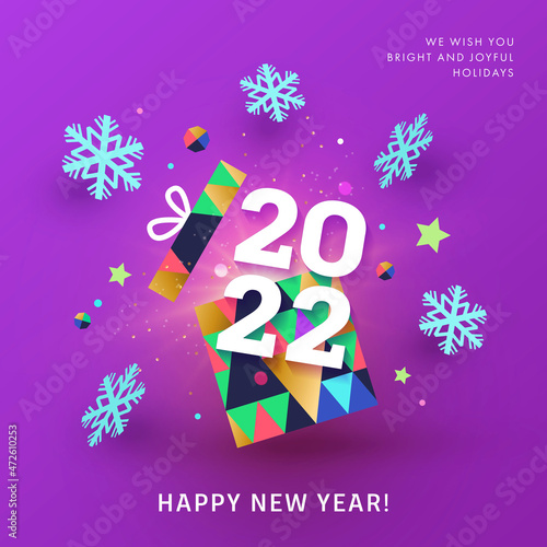 Happy New Year 2022 banner, card, poster, flyer, holiday cover. Modern Xmas design in geometric style with triangle pattern, opened gift box, snowflakes and confetti on bright violet background