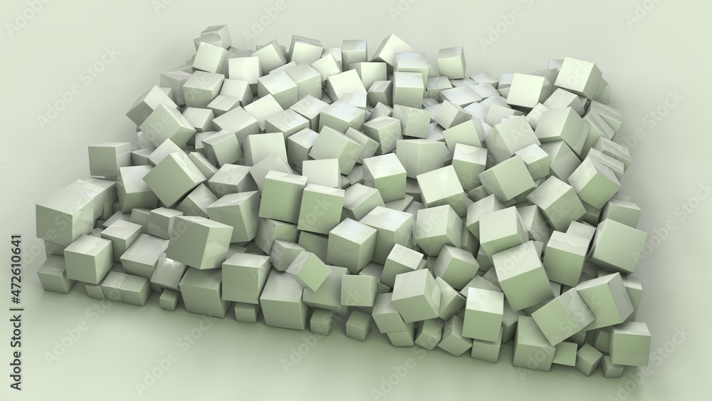 3d rendering of a variety of green cubes of different sizes on the surface. Cubes are arranged in a square. Abstract 3d composition. 3d rendering of a variety of green cubes of different sizes on the surface. Cubes are arranged in a square. Abstract 3d composition.