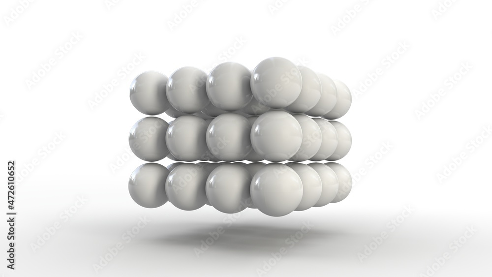 3d rendering of a set of white spheres in space on a white background. The spheres are the same size. 3d rendering of a set of white spheres in space on a white background. The spheres are the same size.