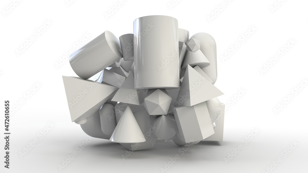 3d rendering of a set of primitives hanging over a white surface. An array of perfect geometric shapes. Cubes, spheres, pyramids and other primitives. Abstract, isolated image on a white background. 3d rendering of a set of primitives hanging over a white surface. An array of perfect geometric shapes. Cubes, spheres, pyramids and other primitives. Abstract, isolated image on a white background.