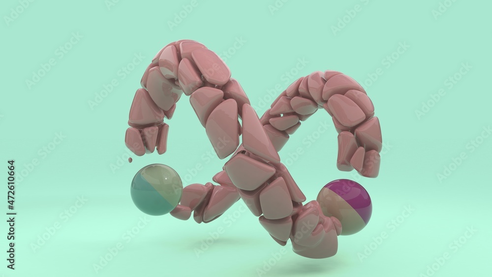 3d rendering of a pink loop, a figure of eight of many fused pebbles and two spheres. 3d abstraction for background images. 3d rendering of a pink loop, a figure of eight of many fused pebbles and two spheres. 3d abstraction for background images.