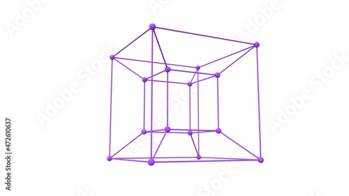 3d rendering of a hypercube. The tesseract is purple, isolated on a white background. 3d model of a hypercube symbolizing the fifth dimension. Futuristic object. photo