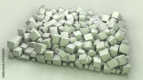 3d rendering of a variety of green cubes of different sizes on the surface. Cubes are arranged in a square. Abstract 3d composition.