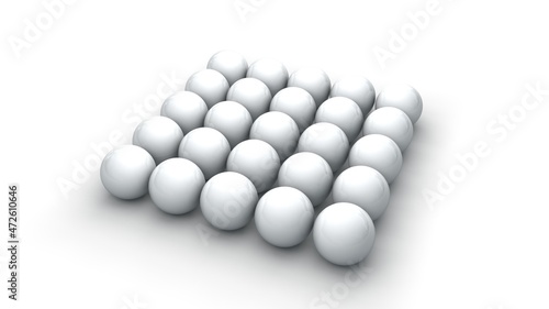 3d rendering of a set of twenty-five white spheres, evenly spaced on a white surface. A set of perfect geometric shapes.