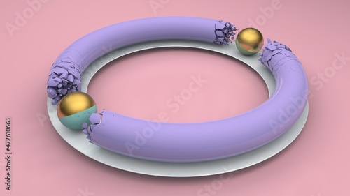 3d rendering of a purple ring and two spheres. The spheres break the ring into small fragments. Abstract 3d composition.