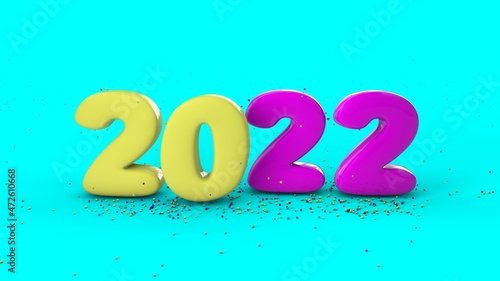 3d rendering of the New Year's date 2022. Colorful numbers, children's style, joyful design.