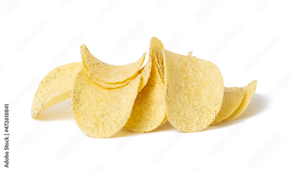 fried potato chips with salt and black pepper on a white plate. Fast food fried potato chips with salt and black pepper on a white plate. Fast food