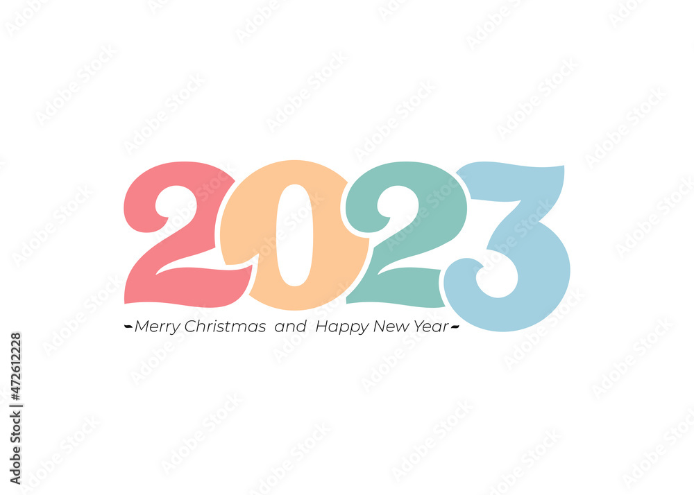 Colorful numbers 2023 for poster, brochure, site, banner, ticket. Vector numbers and handwritten letters. Christmas symbols for your design. Illustration with labels. Happy new year 2023.