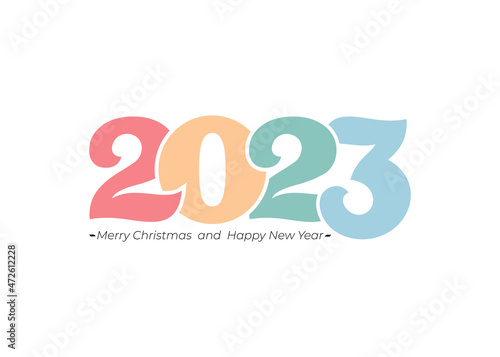 Colorful numbers 2023 for poster  brochure  site  banner  ticket. Vector numbers and handwritten letters. Christmas symbols for your design. Illustration with labels. Happy new year 2023.