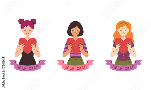 Set of three young women holding heart symbol in hands. Self-care, love yourself, self-esteem, psychology health concept. Flat vector illustration with female cartoon characters for print, web, advert