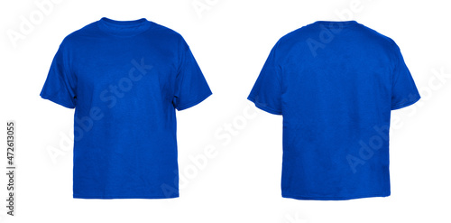 Blank T Shirt color blue template front and back view on white background
