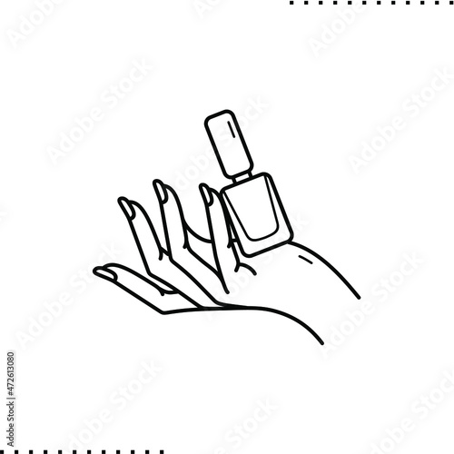 manicure female hand with a bottle of nail polish, isolated vector icon in outlines