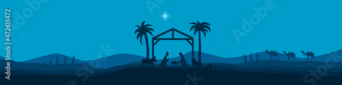 The birth of Jesus Christ. Christmas holiday. Nativity scene. Holy night. Silhouette of baby Jesus in the manger, Mary, Joseph, shepherds and magi. Christmas vector illustration.