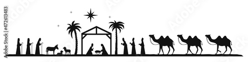 Den scene. Silhouette of baby Jesus in a manger, Mary, Joseph, shepherds, magi, etc. The birth of Jesus Christ. Feast of Christmas. Holy night. Christmas vector illustration.