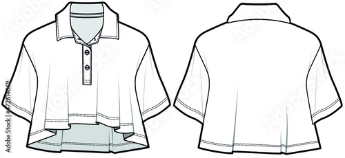 Women Crop Collared T-shirt, Teen Polo Crop T-shirt Front and Back View. Fashion Illustration, Vector, CAD, Technical Drawing, Flat drawing	