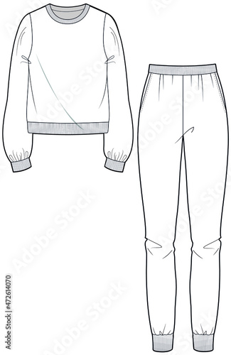 Unisex knit jogger Pant with long sleeve crew neck sweater T-shirt, knit pyjama suit, Sweatpants.  Fashion Vector Illustration, CAD Mockup, Technical Drawing, Flat Sketch Template.