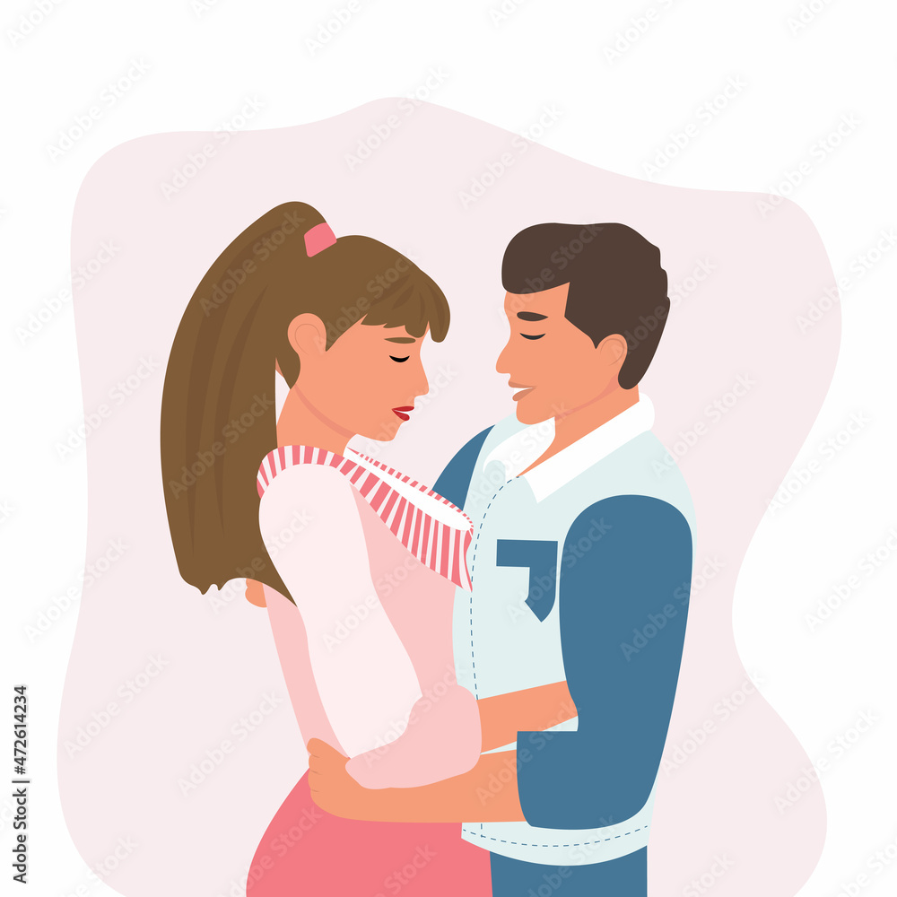 Happy adorable couple in love. Portrait of young man and woman looking at each other. Pair of romantic partners on date. Boyfriend and girlfriend. Flat vector illustration for Valentine's Day