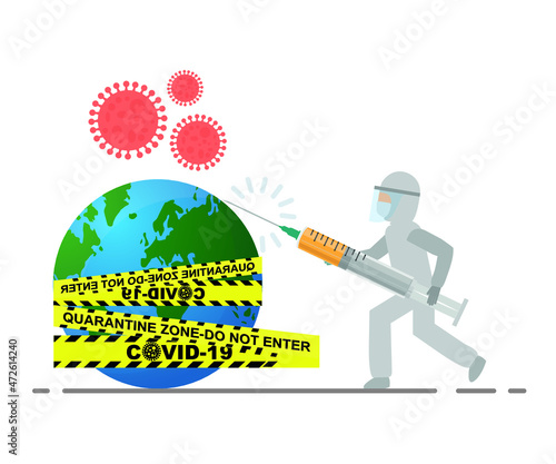 Vaccine, coronavirus global world protection, doctor and syringe. vaccination campaign. world virus and vaccine icon. 