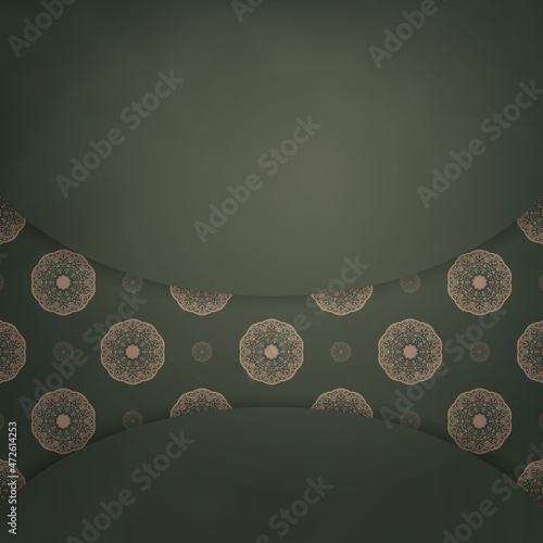 Greeting card in green color with a brown mandala pattern prepared for printing.