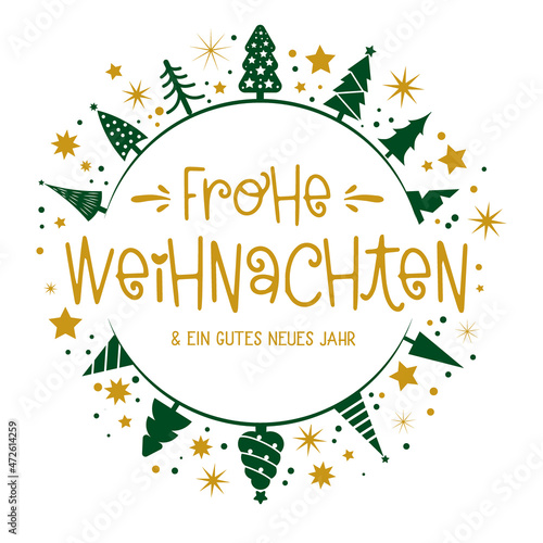 Frohe Weihnachten und ein gutes neues Jahr Kalligraphie - runde Form. Grußkarte mit verschiedenen Weihnachtsbäumen - gold und grün