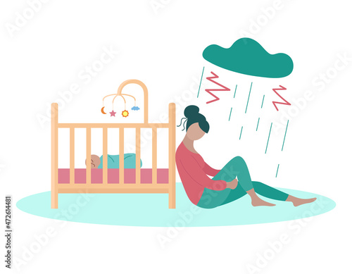 Postpartum depression. Depressed mother sitting near baby crib. Sad tired woman under cloud and rain. Vector flat illustration