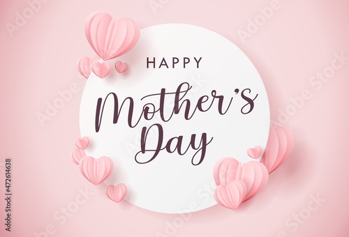 Mother postcard with paper flying elements on pink background. Happy Mother's Day greeting card design.