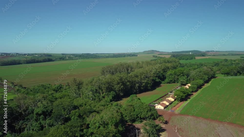 Aerial view of a countryside landscape with plantations and villages in Brazil. drone flight, 4k Aerial view of a countryside landscape with plantations and villages in Brazil. drone flight, 4k