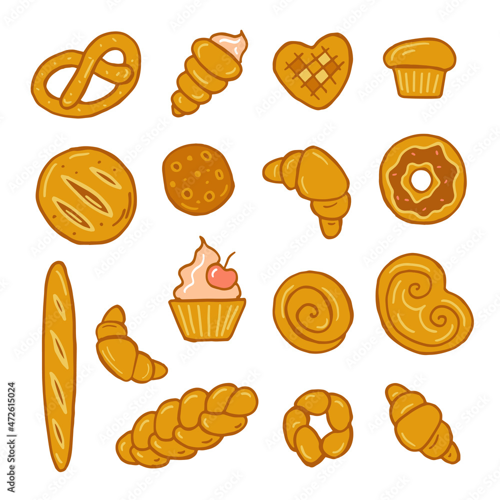 Set of pastries, bakery products hand drawing isolated on white background. Stock vector illustration. Set of pastries, bakery products hand drawing isolated on white background. Stock vector illustration.