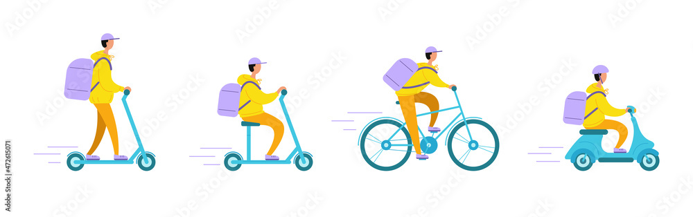 Set of food delivery man, courier on different vehicles. Isolated on white background. Vector stock illustration. Set of food delivery man, courier on different vehicles. Isolated on white background. Vector stock illustration.