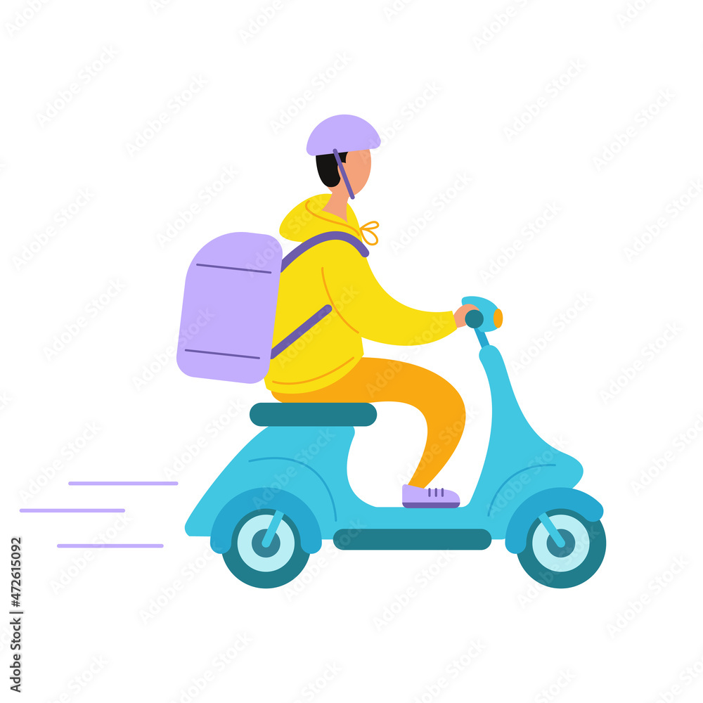 A grocery delivery man with a backpack rides a scooter. Vector stock illustration in flat style. 