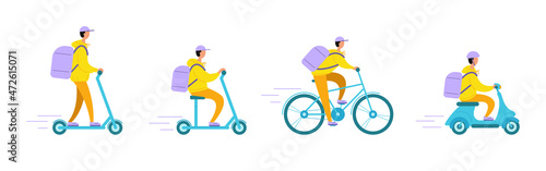 Set of food delivery man, courier on different vehicles. Isolated on white background. Vector stock illustration.
