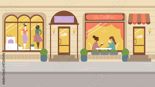 City street, building facade with shop windows and cafes. Stock vector illustration in flat style. 