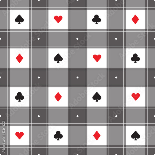 Cute Minimal Poker Solitaire Club Diamond Spade Heart Element Red White Black Checkered Gingham Pattern Editable Stroke. Cartoon Illustration, Mat, Fabric, Textile, Scarf, Wrapping Paper. 