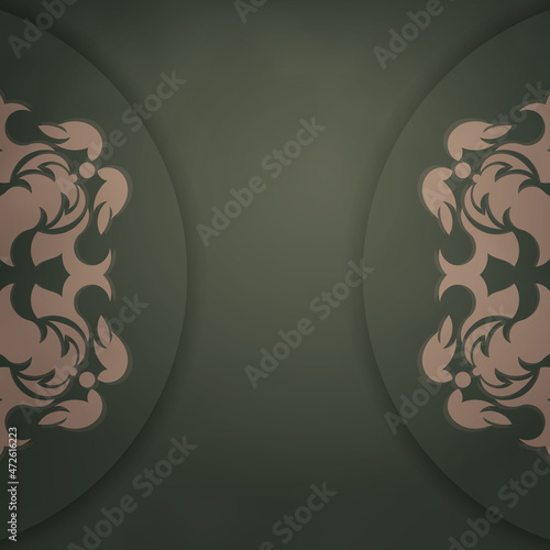 Greeting card template in green color with luxurious brown ornament prepared for printing.